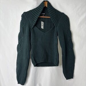 Express Women's XS Dark Green Cable Knit Sweater V-neck‎ High Neck NEW